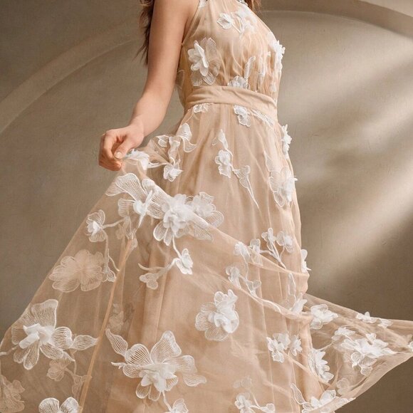 Apricot Elegant Women's 3D Floral Rhinestone Mesh Sleeveless Fitted Waist Dress - Picture 4 of 7